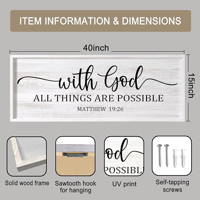 With God All Things are Possible Framed Wall Art, 40''×15'' White Holy Religious Rustic Bible Verse for Christian God Jesus Christ Prayer, Positive Horizontal Inspirational Catholic Scripture Decor