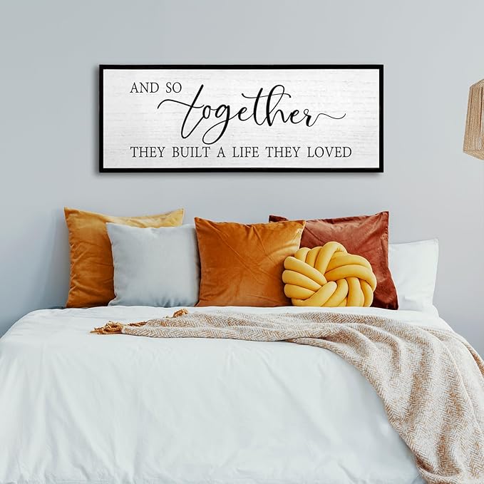 And So Together They Built A Life They Loved Wall Decor 40”X15” Rustic Master Bedroom Large Wood Framed Sign Above Bed Modern Farmhouse Quotes Couple Wall Art Over Bed Hanging Decoration (Black)
