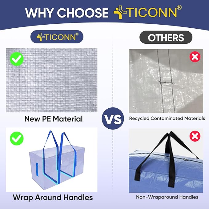 TICONN 4 Pack Extra Large Moving Bags with Zippers & Carrying Handles, Heavy-Duty Storage Tote Moving Boxes for Space Saving