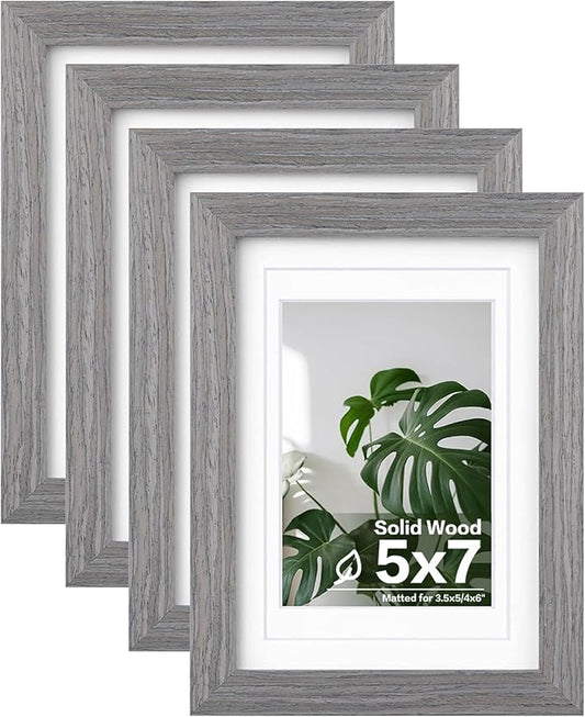 Egofine 5x7 Picture Frames Set of 4, Made of Solid Wood Covered by Plexiglass 3.5x5 and 4x6 with Mat or 5x7 without Mat, for Table Top Display and Wall Mounting Photo Frame Light Grey