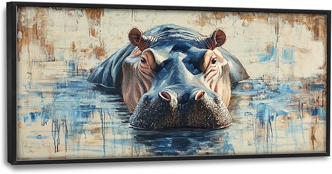 Extra Large Framed Abstract Hippo Wall Art,Oversized African Hippopotamus Wild Animal Wall Decor,Vintage Pictures for Living Room,Canvas Print Painting Modern Artwork Bedroom Office Bathroom 60L x30W