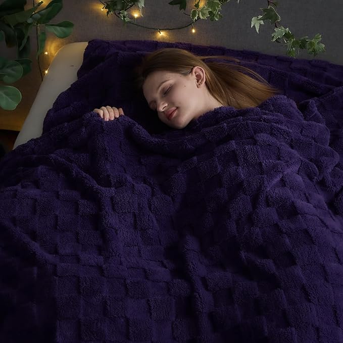 NEWCOSPLAY Super Soft Queen Blanket Purple Premium Silky Flannel Fleece 3D Checkered Lightweight Bed Blanket All Season Use (Purple Checkered, Queen(90"x90"))