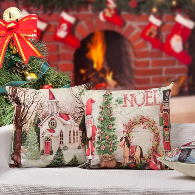 Hlonon Christmas Decorations Christmas Pillow Covers 18 x 18 Inches Set of 4 - Xmas Series Cushion Pillow Cover Custom Zippered Square Pillowcase