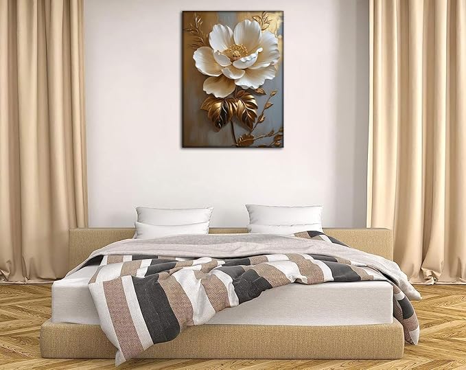 Flower Pictures Canvas Wall Art White Gold Flowers Elegant Wall Decor pictures 3D Retro Floral poster prints for Bedroom Bathroom Wall Decorations (16inx24in canvas)