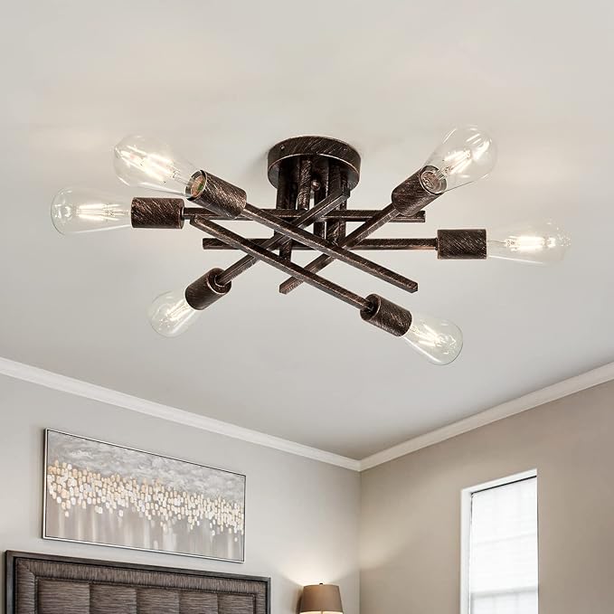 ASGYISA 6-Lights Semi Flush Mount Ceiling Light Fixture Vintage Modern Bronze Matte Sputnik Chandelier Farmhouse Ceiling Lamp for Kitchen Bedroom Dining Room Living Room Entryway.