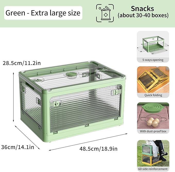 50 Liters Stackable Storage Bins, Closet Organizers with Lid, Wheels, Drawers, Foldable Collapsible Box for Clothes and Camping Out Doors Bins, Green