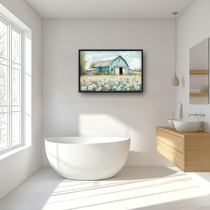 Farm Barn Large Wall Art for Living Room Framed, Farmhouse Wall Decor Pictures, Teal Barn Canvas Print Painting, Aesthetic Artwork Bedroom Office Home Decor 36"x24"