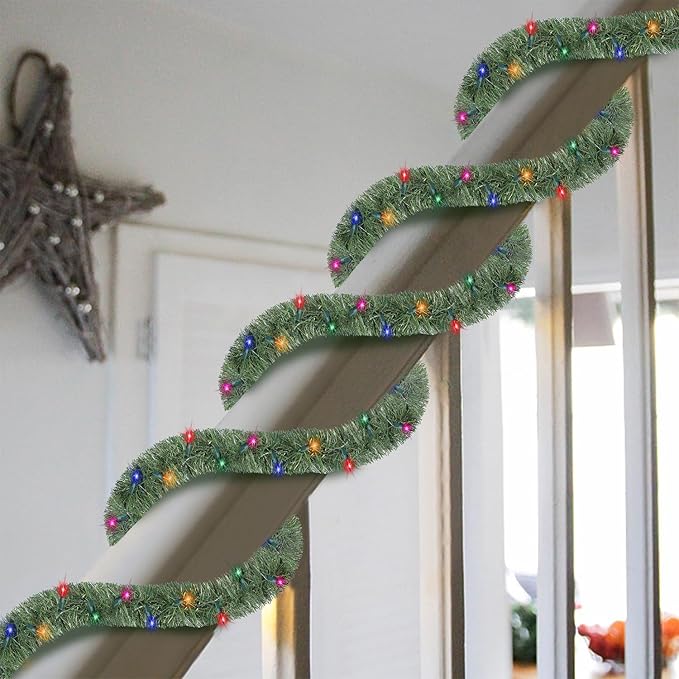 Biswing 50FT Pre-lit Christmas Green Garland, Lighted Artificial Pine Garlands with 100 Count Multicolor Mini Lights, Light Up for Indoor Outdoor Gate Home Winter Holiday New Year Decorations