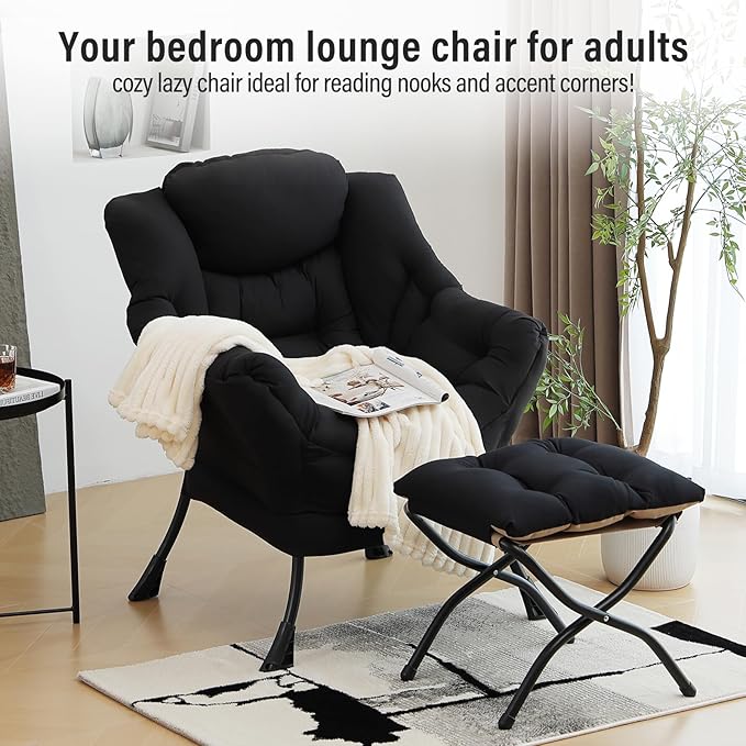 Modern Lazy Chair with Folding Footrest, Lounge Accent & Comfortable Reading Chair (Black)