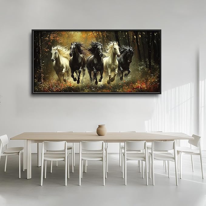 Olivine Horse Wall Art, Running Horses Pictures Wall Decor, Black And White Horse Paintings, Forest Landscape Canvas Prints, Framed Artwork for Bathroom Bedroom Living Room Office Home 60"x30"