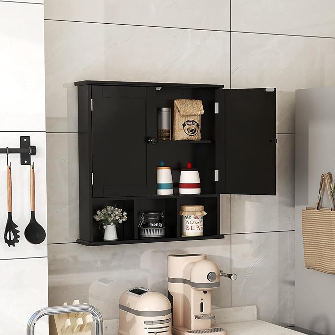 TaoHFE Black Bathroom Cabinet, Wall Mounted 2 Door Storage With Adjustable Shelves, Over The Toilet Medicine Cabinet for Laundry Room Kitchen