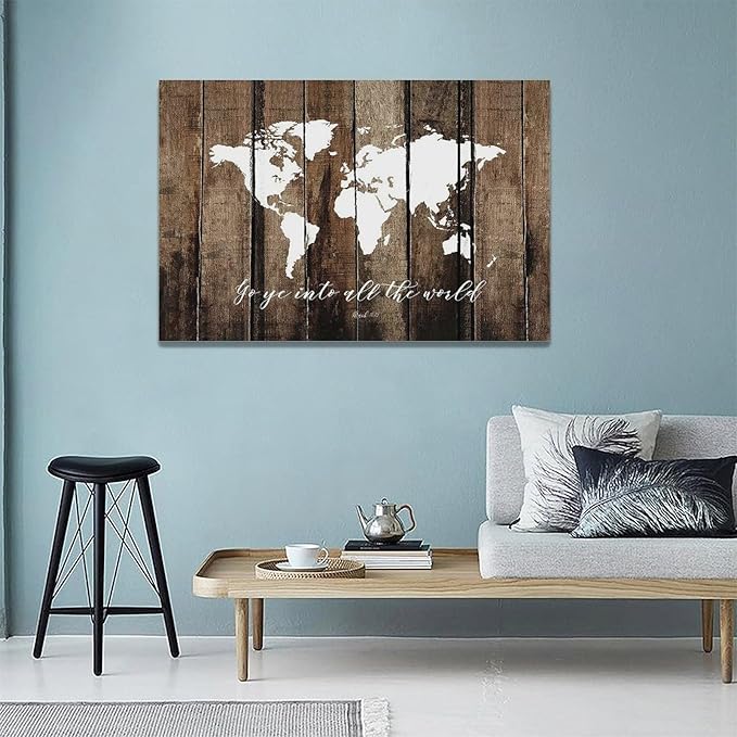 Large World Map Wall Art Rustic World Map Pictures Wall Decor Go Ye Into All The World and Preach The Gospel Canvas Painting Print Home Artwork Framed for Living Room Bathroom Master Bedroom 24"x16"
