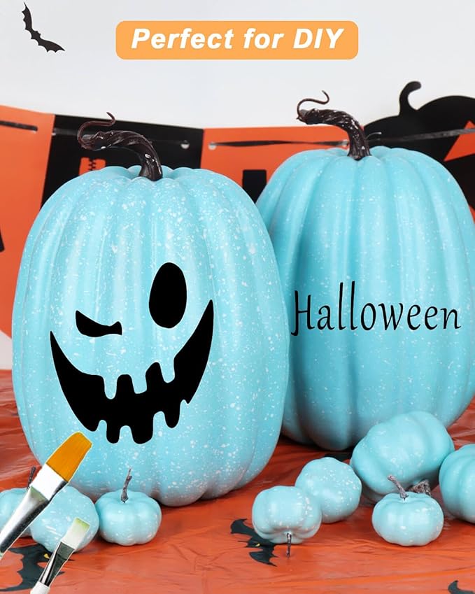 vensovo 2PCS 8 Inch Light Blue Plastic Pumpkins for Decorating–Large Artificial Foam Pumpkins for Fall Decor, Halloween, Thanksgiving, Paintable for DIY Crafts & Centerpieces