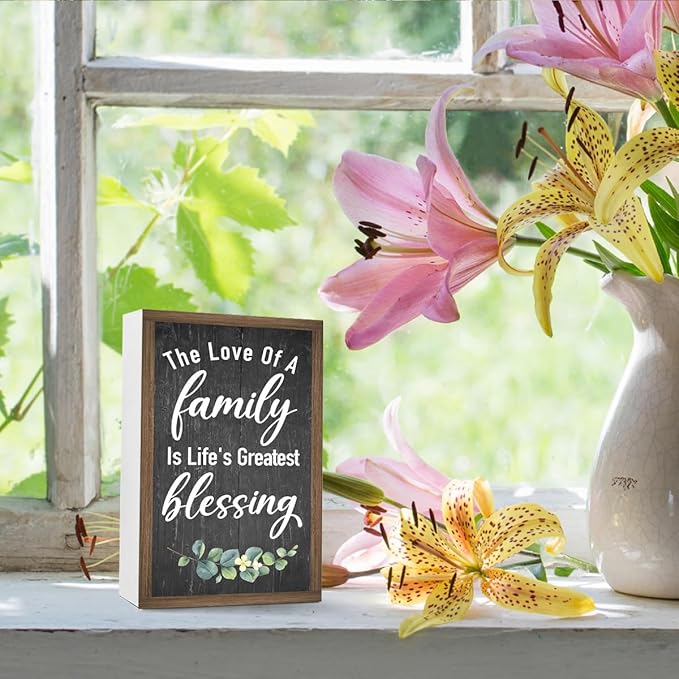 The Love of a Family is Life's Greatest Blessing Wooden Box Sign Desk Decor,Family Saying Wood Block Sign for Home Farmhouse Bedroom Shelf Tabletop Wall Decor