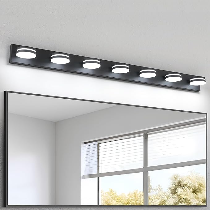 7-Light Bathroom Vanity Light Over Mirror, Matte Black LED Vanity Lighting Fixtures, Modern Bathroom Wall Light Fixtures with 360°Rotating Lamp Head (Cool White 5500K)