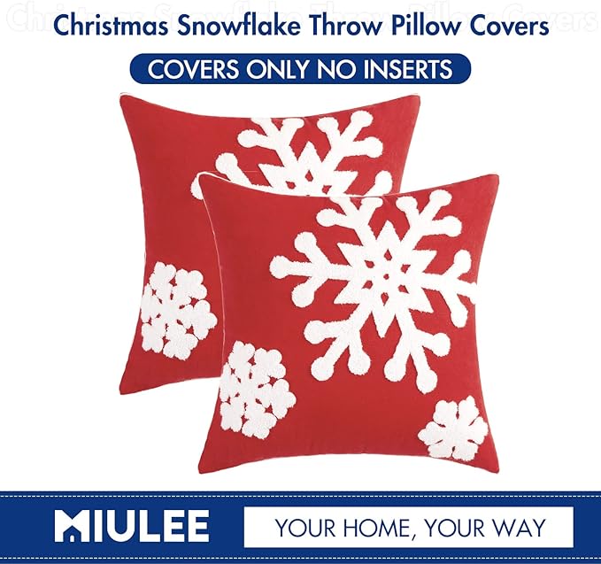 MIULEE Pack of 2 Christmas Decorative Snowflake Throw Pillow Covers Canvas Embroidery Winter Cushion Cases Holiday Decor Soft Pillowcases for Winter Couch Sofa Bedroom Car（Red, 16x16in）