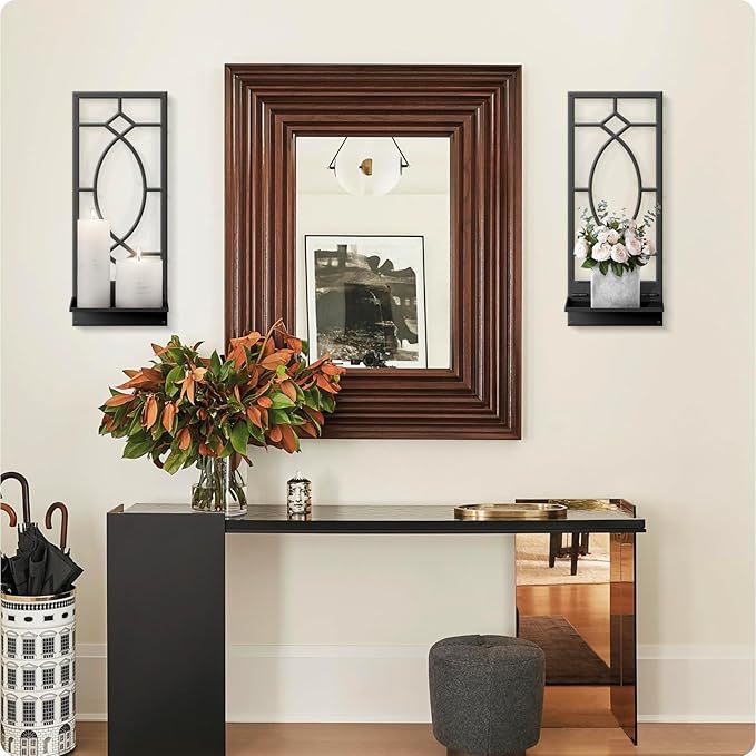 Candle Wall Sconces Set of 2, Black Metal Minimalism Wall Candle Holder for Living Room, Dining Room, Bedroom, Bathroom (2 Pack, 16.5 x 7 in)