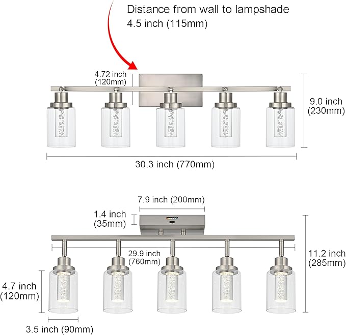 MELUCEE LED 5 Light Track Lighting Kit, Brushed Nickel Ceiling Spotlights Vanity Lights Modern Track Light Fixture with Flexibly Rotatable Heads, Built-in LED Chips, 5-Color Temperature Adjustable