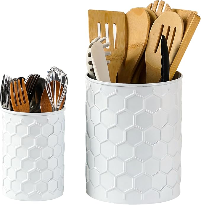 2 Pack Metal Utensil Holder for Kitchen Counter, 7.3"+5.4" Large Cooking Utensil Organizer Honeycomb Pattern Embossed Utensil Caddy for Party Cutlery Tool Holder Storage, White