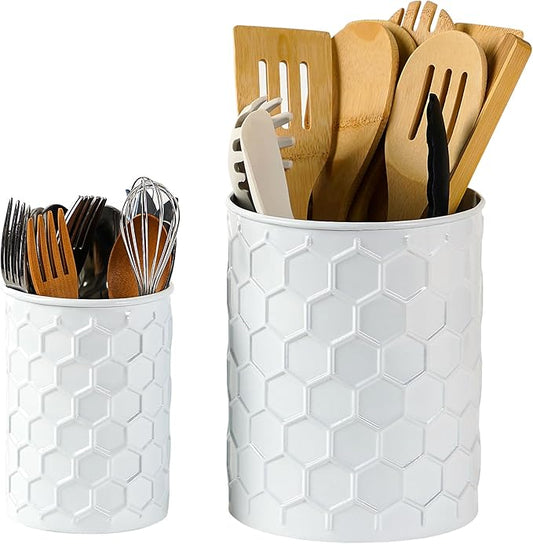 2 Pack Metal Utensil Holder for Kitchen Counter, 7.3"+5.4" Large Cooking Utensil Organizer Honeycomb Pattern Embossed Utensil Caddy for Party Cutlery Tool Holder Storage, White