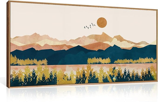 HPINUB Mountain Framed Canvas Wall Art Set, Mid Century Modern Wall Decor, Set of 3 Boho Artwork Nature Art Paintings, Bohemian Art Prints for Living Room, Bedroom, Dining Room, Office - 20"x40"