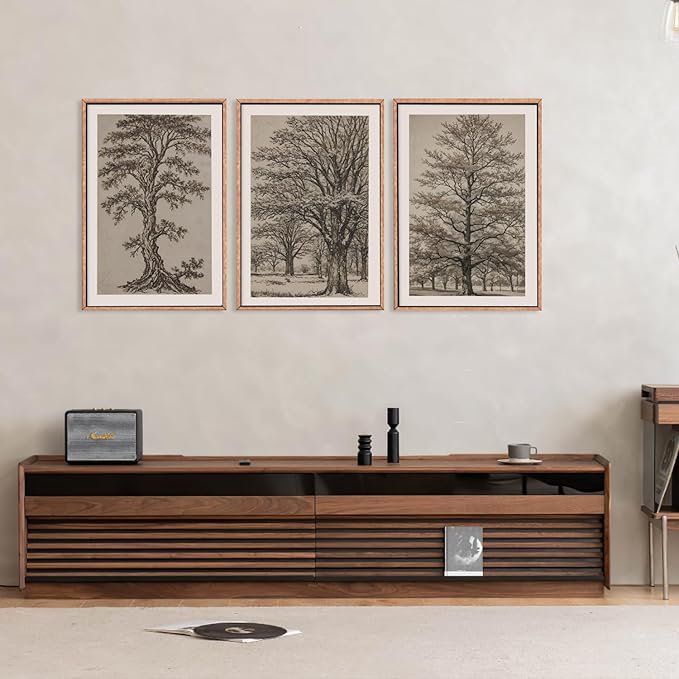 HOURIA Vintage Tree Sketch Framed Canvas Wall Art Set,Natural Brown and Gray Woodland Wall Decor,Mid Century Nature Forest Artwork,Textured Botanical Art Print for Living Room,Bedroom,Office-24"x36"x3