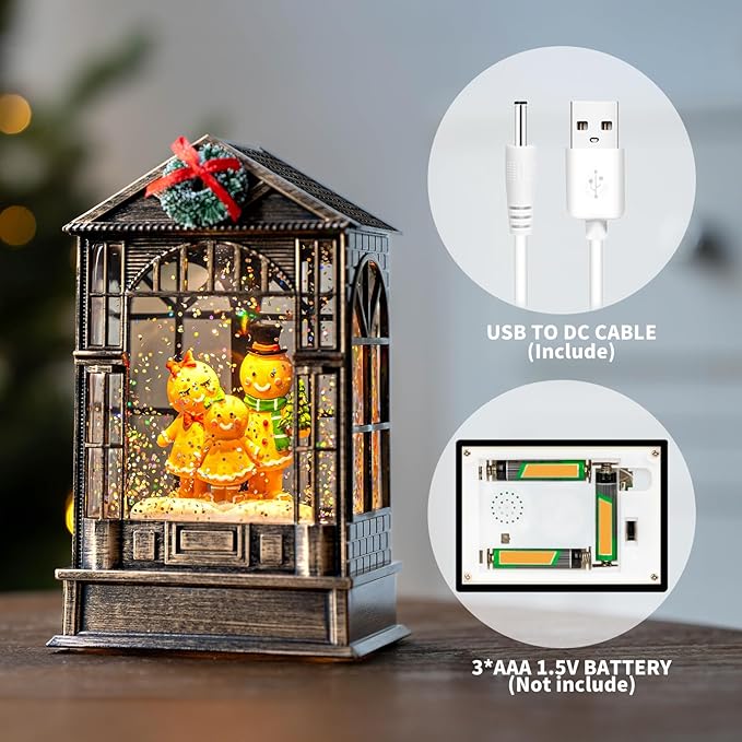 Christmas Snow Globe, Lighted Gingerbread Man Family Scene, Musical Snow Water Lantern Swirling Glittering Holiday Decoration and Gift for Family Children or Friends