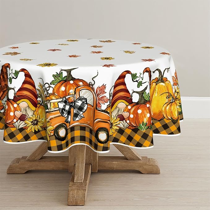 Horaldaily Fall Tablecloth 60x60 Inch Round, Thanksgiving Autumn Harvest Orange Truck Gnome Pumpkin Buffalo Plaid Table Cover for Party Picnic Dinner Decor