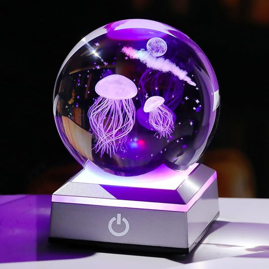 3D Engraved Jellyfish Crystal Ball 3.15‘’ with LED Light Colorful Base - Jellyfish with Star Moon Glass Sphere Lamp Gifts for Women Home Decor