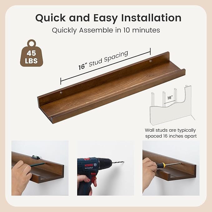 Picture Ledge Wall Shelves 24 inches Width Set of 3, Solid Pine Wood Rustic Floating Ledge Shelves for Wall for Kids' Room Bedroom Kitchen Bathroom Living Room Nursery Display Wall Decor, Walnut