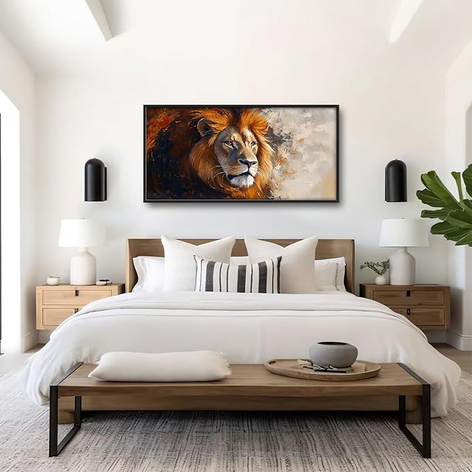 Lion Framed Wall Art for Living Room, Large Brown Lion Canvas Wall Decor, Wild Animal Pictures Painting, Modern Artwork for Bathroom Bedroom Office 60L'' × 30W''