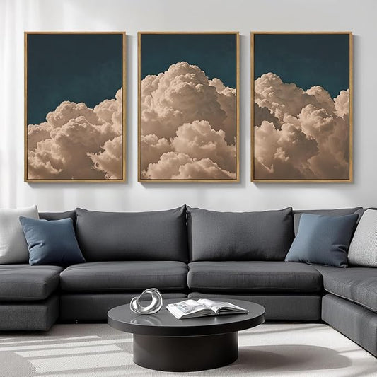 IARTTOP Large Cloud Canvas Wall Art Framed 16x24 Inch Navy Blue Cloud Painting Set of 3 Modern Abstract Sky Landscape Wall Decor For Living Room Bedroom Office
