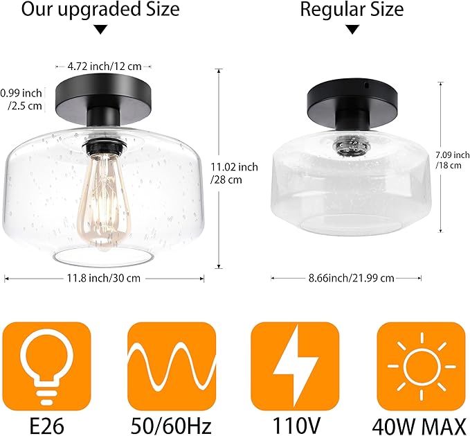 Semi Flush Mount Ceiling Lights, Industrial Ceiling Light, Glass Pendant Lamp Shade,11.8'' Inches Pendant Light Fixtures for Hallway, Entryway, Farmhouse, Kitchen (Seeded Glass)