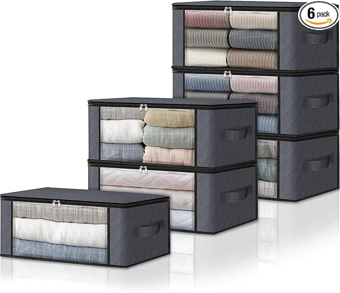 HomeHacks 6-Pack Clothes Organizer Storage Bags Foldable Storage Box with Large Clear Window Sturdy Handles for Closet, Dorm, Pillows, Bedding, Clothes, Stuffed Toys, Blankets, 35L, Grey
