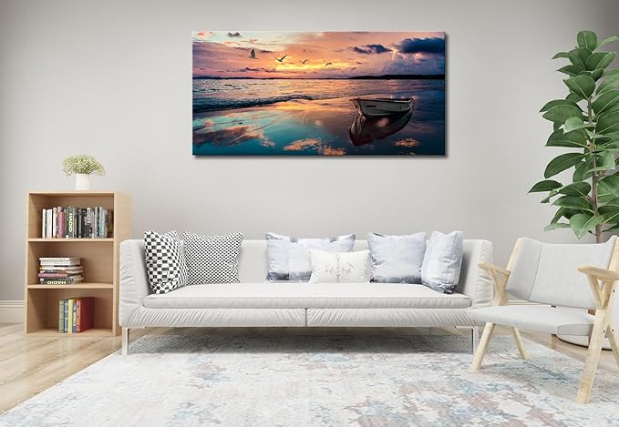 OKEXCKK Coastal Wall Decor Beach Canvas Wall Art Picture for Living Room - Sunset Ocean Landscape Painting Print Decor Blue Seascape Nature Artwork Poster for Bedroom Office Decoration - 20"x40"