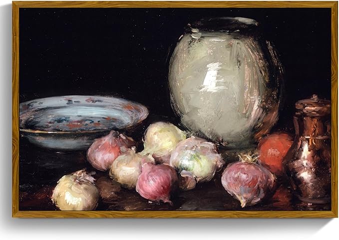 crmotu Framed Canvas Wall Art, Kitchen Still Life Aesthetic Art Prints, Tabletop Onions Vintage Large Artwork, Black Wall Paintings for Living Room Bedroom Gallery Rustic Farmhouse Decor 24x36in