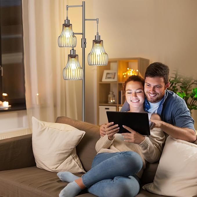 Dimmable Floor Lamps for Living Room, Industrial Tree Standing Tall Lamps with 3 Elegant Cage Shade for Bedroom Office - Grey