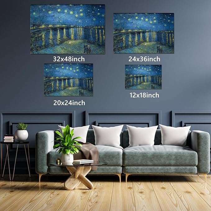 QBQT Starry Night Over the Rhone by Van Gogh Modern Bathroom Kitchen Decor Blue Artwork Abstract Landscape Picture Canvas Prints Wall Art for Home Office Decor 12x18inch Framed