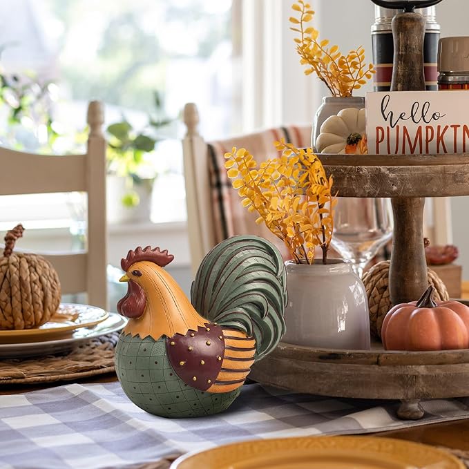 Chicken Statue, 8.3×7.8 Inch Resin Fall Harvest Rooster Figurine Table Top Centerpiece Decorations for Home Kitchen Counter, Thanksgiving Indoor Tabletop Mantel Desk Farmhouse Decor