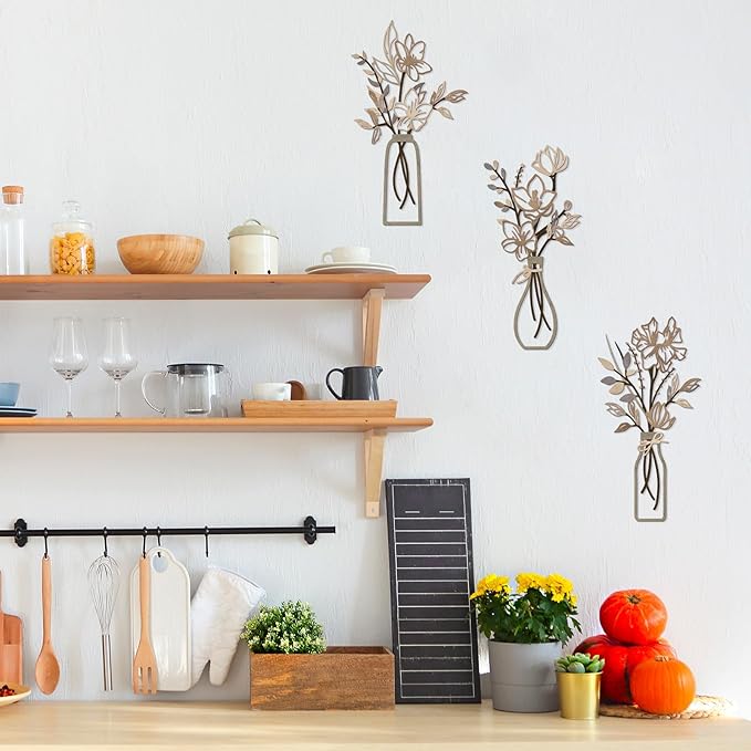 ARTINME 3 Pieces Metal Flowers Wall Arts - Rustic Farmhouse Decor Minimalist Flower Wall Decors for Living room Bathroom Kitchen Bedroom Dining Room - Housewarming Gifts (Brown)