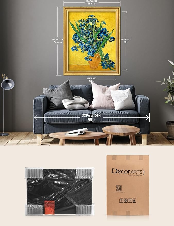 DECORARTS - Vincent van Gogh's Irises in a Vase, Museum-Quality Giclee Canvas Print in Gold Solid Wood Frame, 34.75 x 28.75 in, Ready to Hang, Made in USA