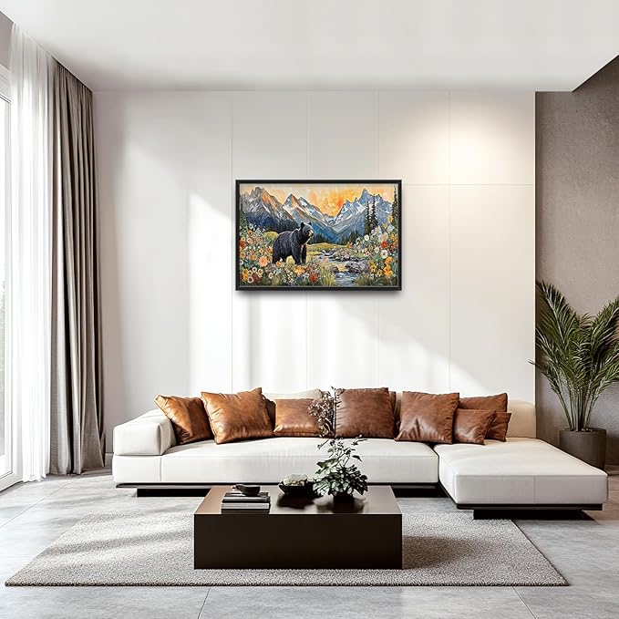 Extra Large Framed Abstract Black Bear Mountain Wall Art,Colorful Wildflower Forest Landscape Wall Decor Pictures for Living Room,Canvas Print Painting Modern Artwork Bedroom Office Bathroom 36L x24W