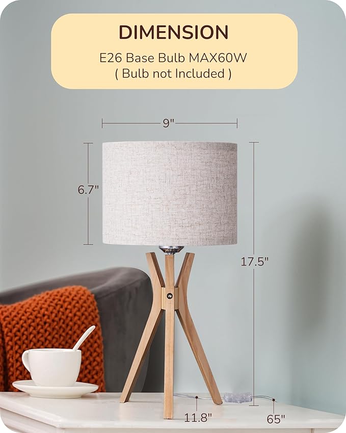EDISHINE Tripod Table Lamp, 17.5" Modern Bedside Lamp with Natural Wood-Colored Lamp Legs & Beige Linen Lampshade, Boho Nightstand Lamp for Bedroom, Living Room, Reading Room, E26 Base
