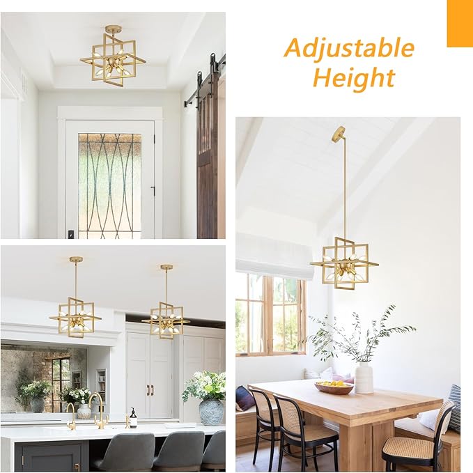 Small Modern Lantern Chandeliers,Geometric Gold Pendant Light Fixture,8-Light Industrial Hanging Chandelier for Dining Room, Living Room,Kitchen, Bedroom, Foyer, Hallway, UL Listed