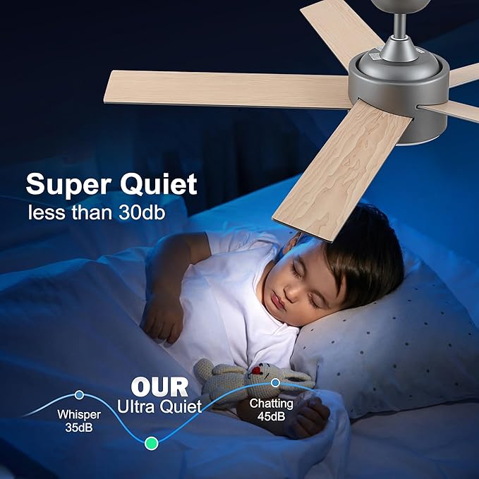 52 inch Ceiling Fans with Lights and Remote Control Silver, Modern Ceiling Fan Dimmable 3 CCT Temperatures 6-Speed, Quiet LED Ceiling Fan for Bedroom, Living Room