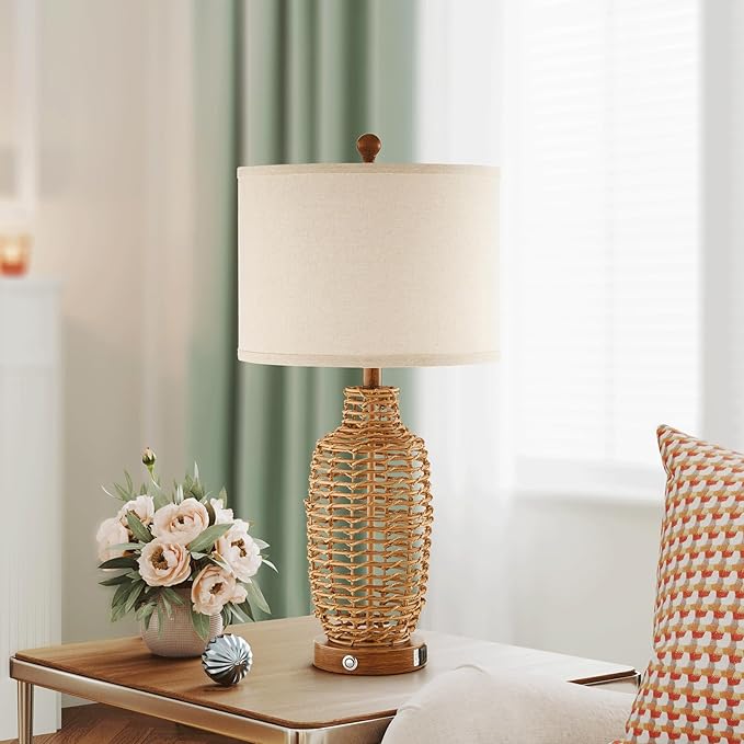 Rattan Table Lamps Set of 2 Wicker Lamps 3 Way Dimmable Touch Control Farmhouse Rustic Coastal Lamps with USB Port for Bedroom Living Room Office (LED Bulbs Included)