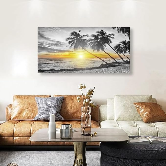 Beach Wall Art Bedroom Wall Decor Living Room,Ocean Canvas Wall Art Office Farmhouse Paintings Artwork Modern Golden Sunshine Black and White Sea Wall Art Prints Pictures 20 * 40inch