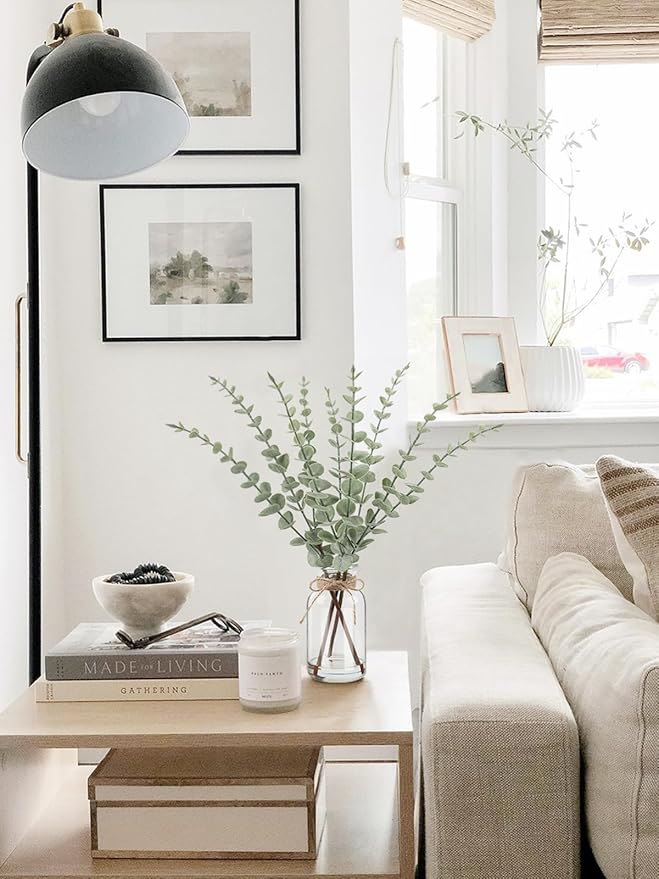 Artificial Eucalyptus Stems in Glass Vase with Faux Water，15.75" Fake Plants for Home Decor, Coffee Table Centerpieces, Office, Bathroom & Farmhouse Weddings - Faux Greenery Plants Decorations