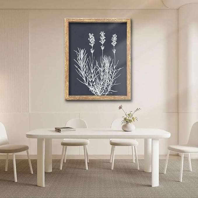 GUMEYJIA Botanical Wall Art Print White Wildflower on Navy Background Rustic Vintage Farmhouse Home Kitchen Wall Decor (Frame 8x10in)