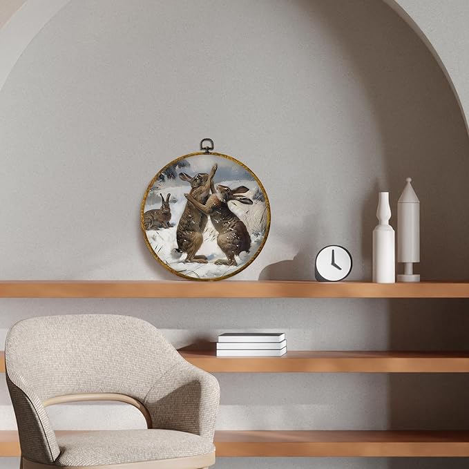 CUANFDDSF Vintage Winter Bunny Round Wall Art Decor, Rustic Cottagecore Rabbit Wall Hanging Frame Decor, Antique Winter Fighting Bunny Canvas Prints Decorations for Home Bedroom, 10x10 Inch